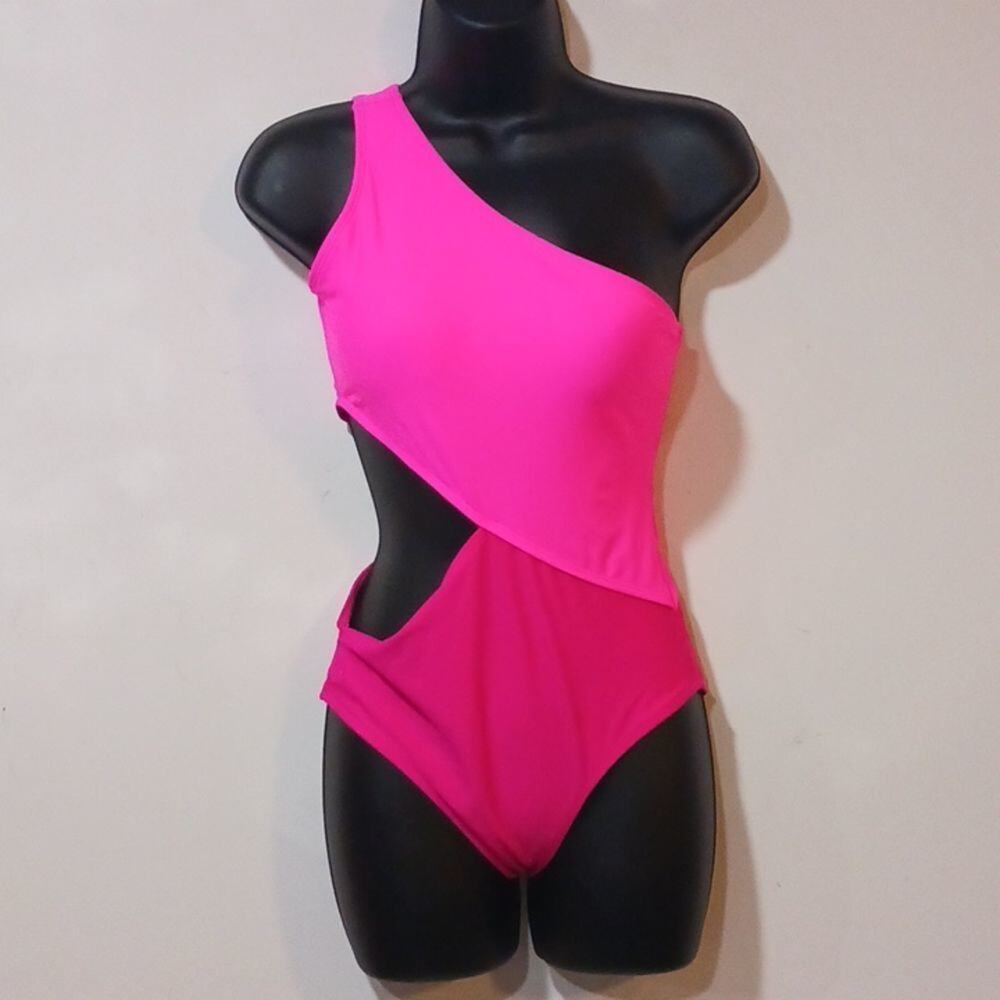 One shoulder waist cutout colorblock swimsuit size S